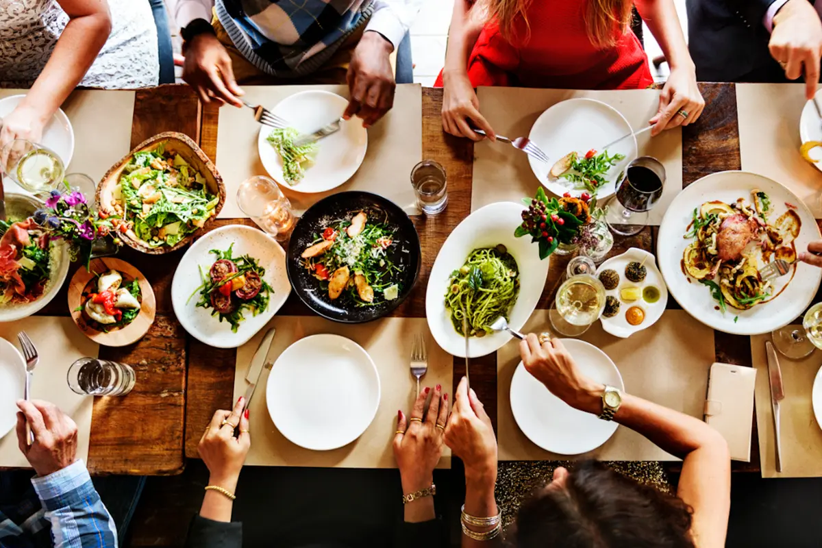 Restaurant table with food