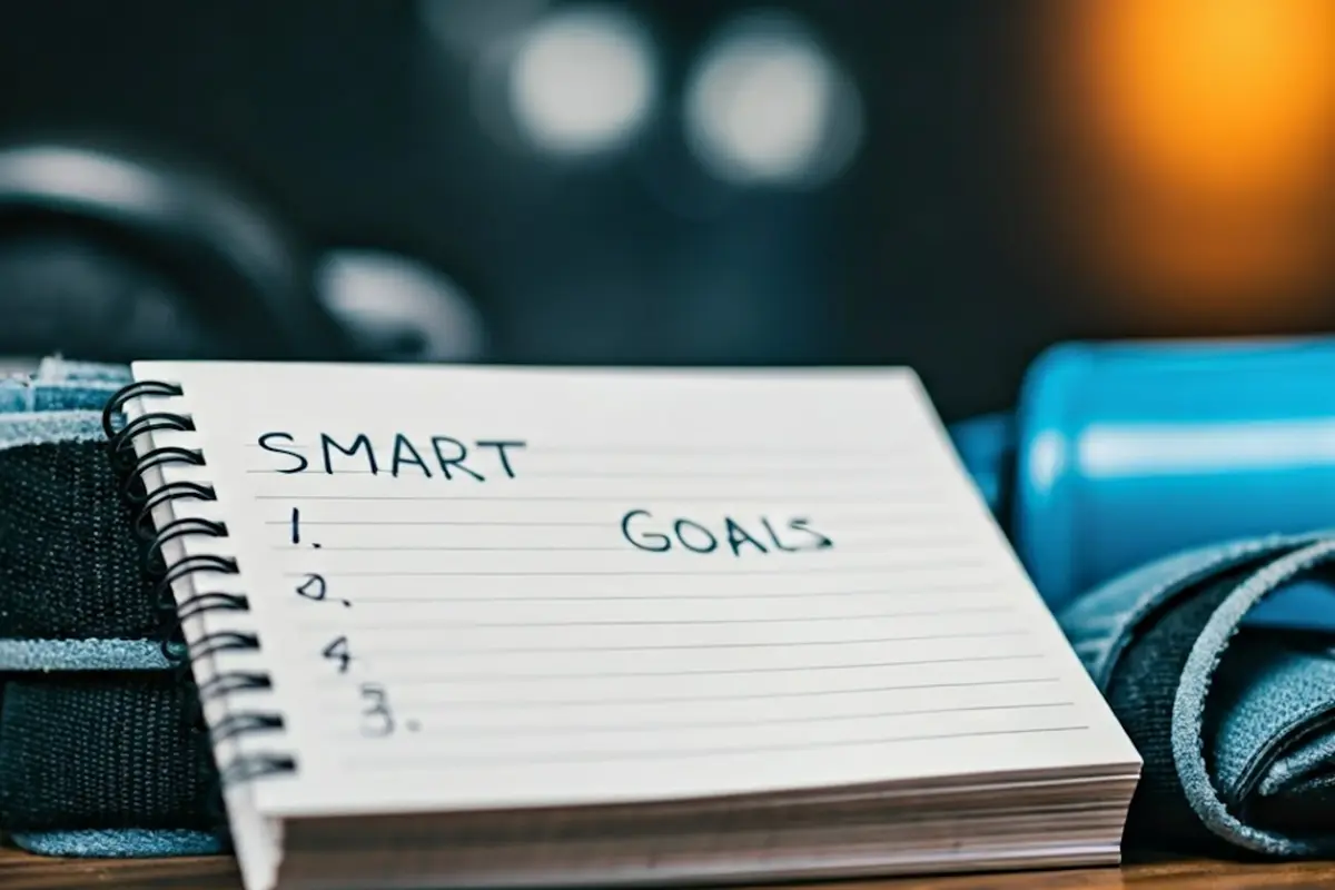 Smart goals list next to gym gear