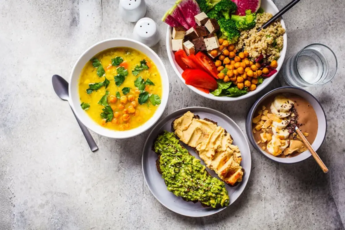 Bowls of different vegan meals