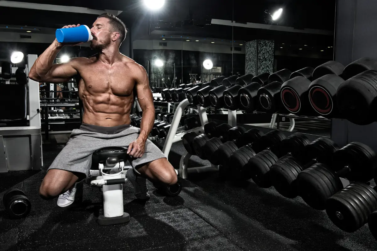 Athlete drinking a shake in the gym