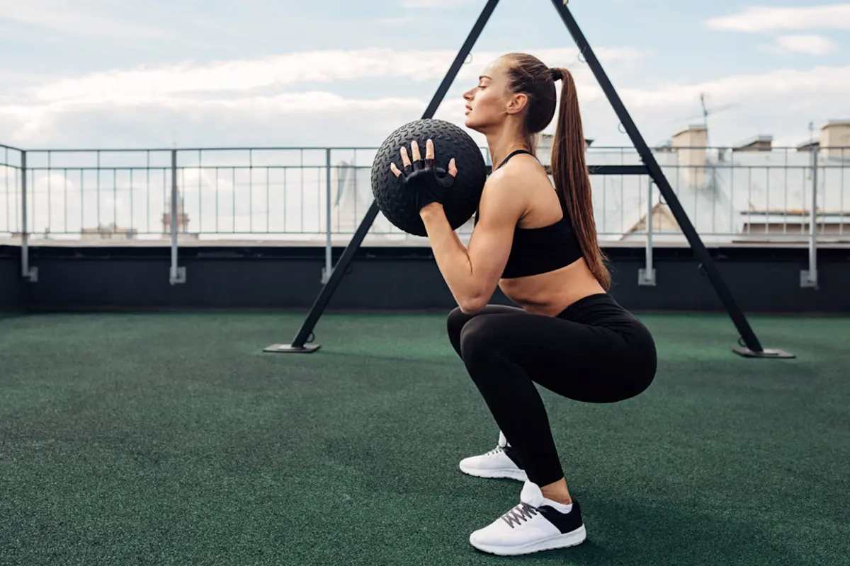 Goblet squat with a medicine ball